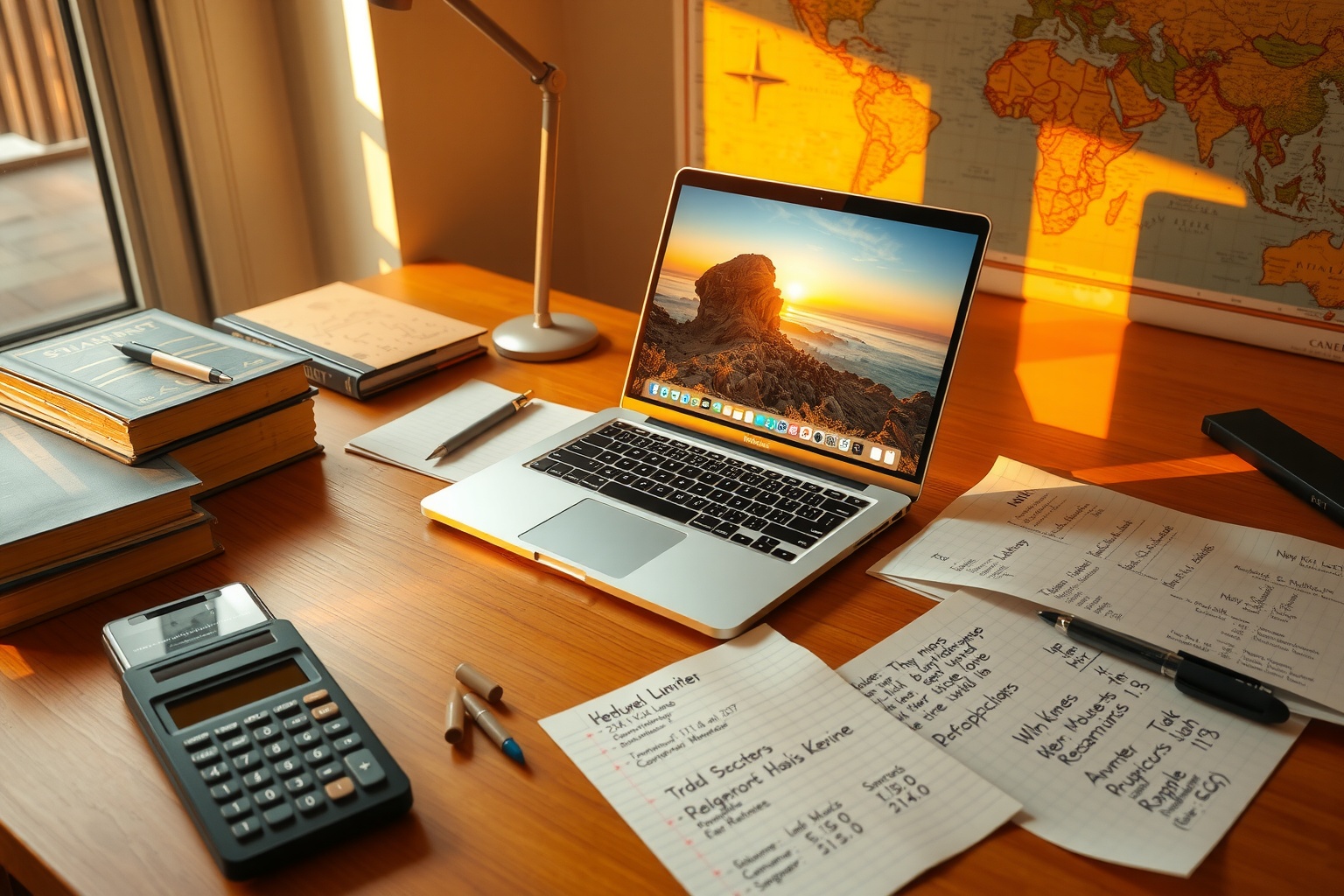 A cozy home office setup with an open laptop displaying colorful travel destinat