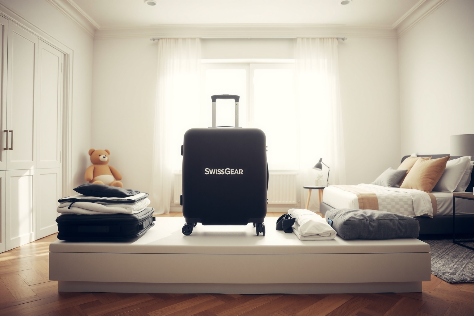 SwissGear black hardside suitcase being unboxed in modern bedroom, natural windo