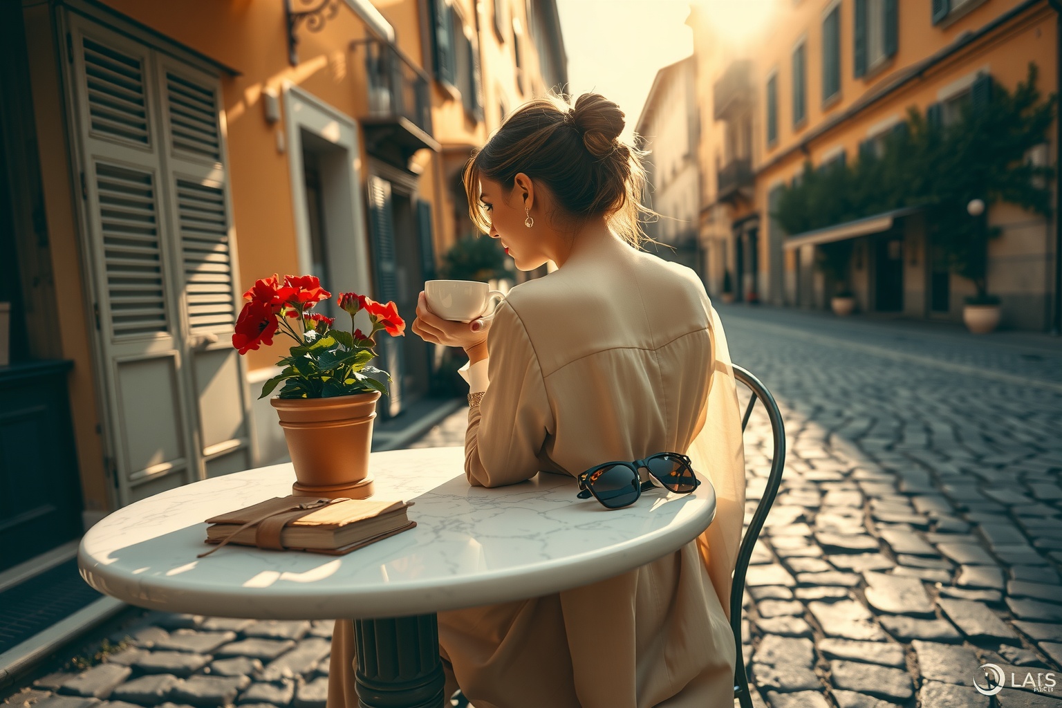 An elegantly dressed solo female traveler in her 30s sipping espresso at a small