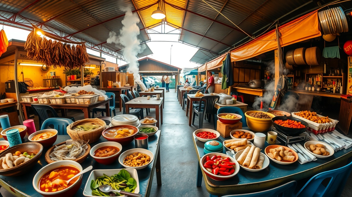 Busy street food market in Southeast Asia with travelers eating at plastic table