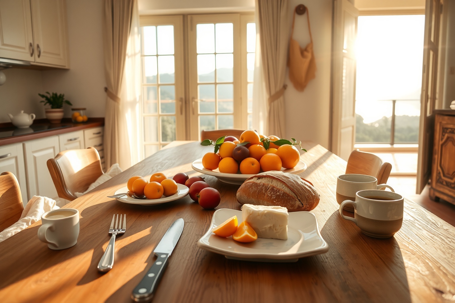 A bright, airy vacation rental kitchen with a rustic wooden dining table set for