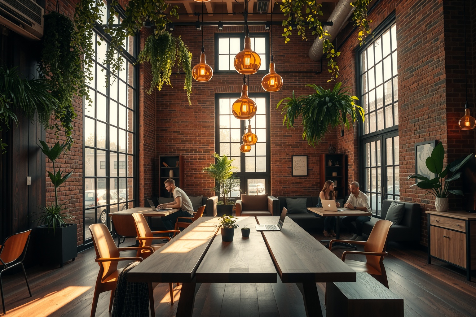 An elegantly appointed hostel common area featuring mid-century modern furniture