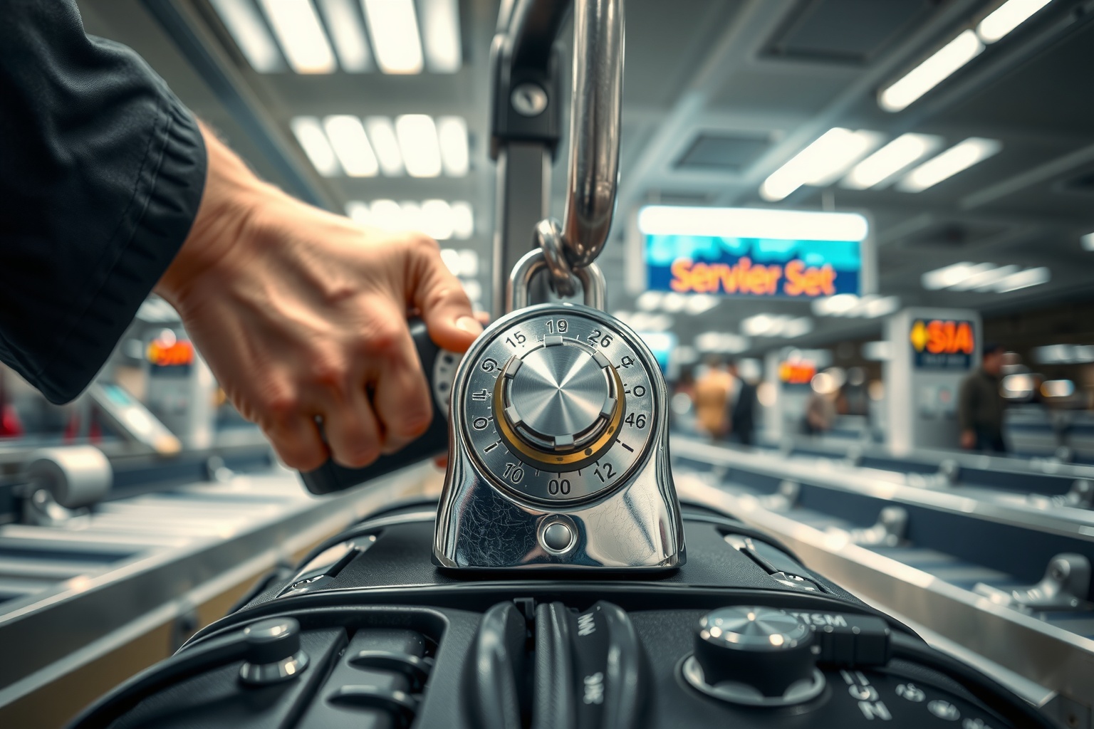 Close-up of SwissGear suitcase TSA lock mechanism being operated by hands in air