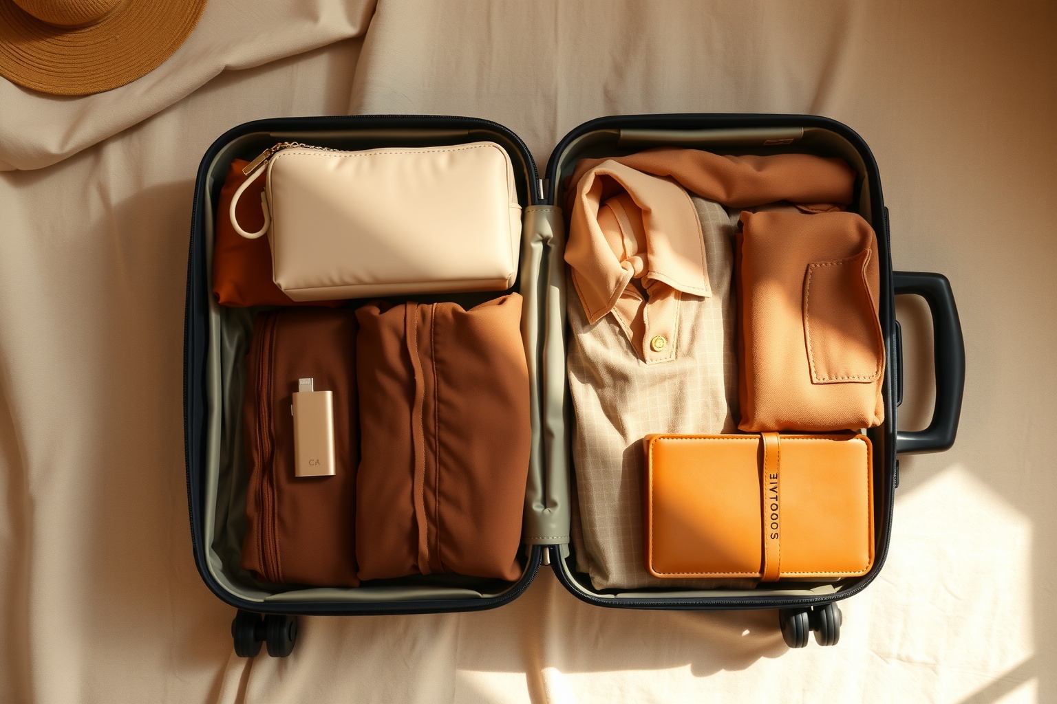 A well-organized open suitcase with neatly rolled clothing, color-coordinated it