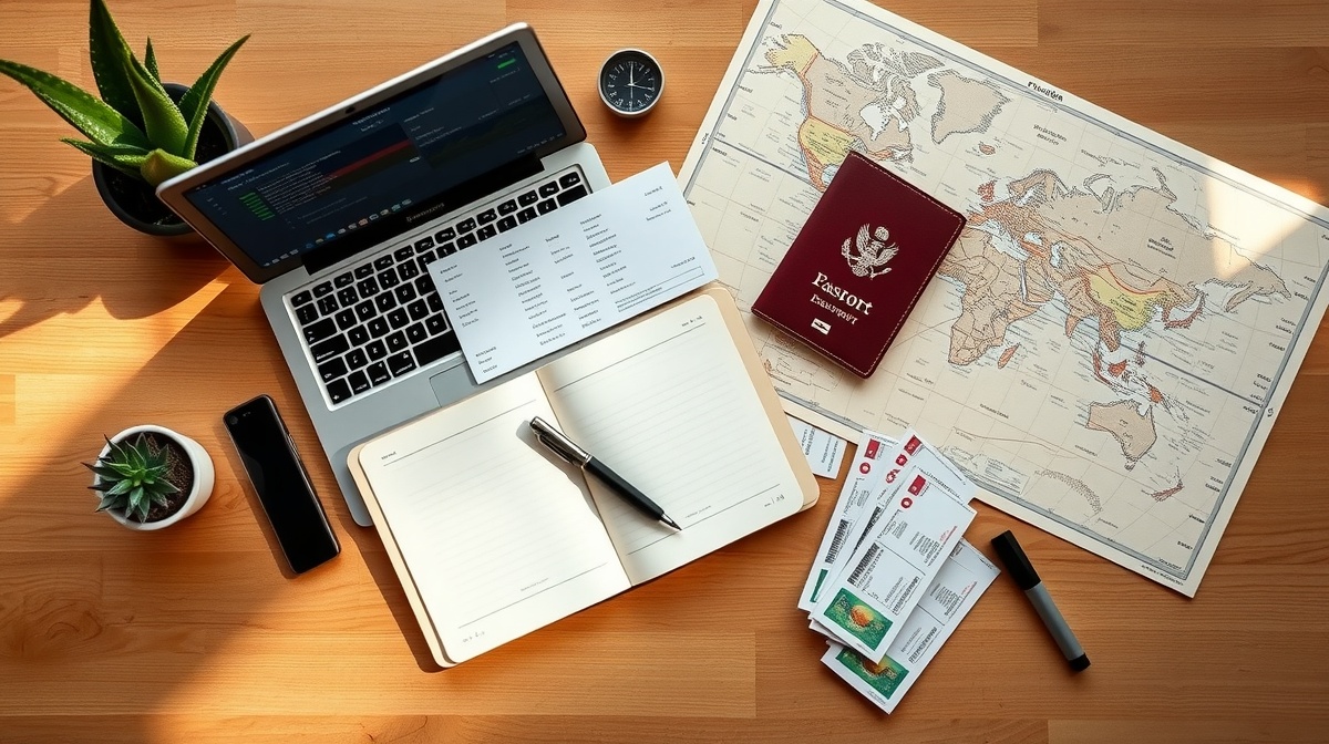 Organized travel planning flat lay on a desk with passport, notebook, laptop sho