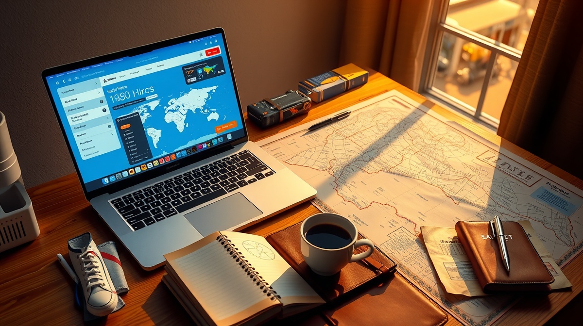 Backpacker looking at flight search results on laptop screen showing multiple ch