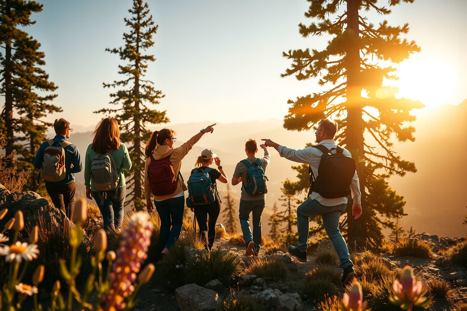 A diverse group of travelers hiking on a scenic mountain trail with backpacks, p