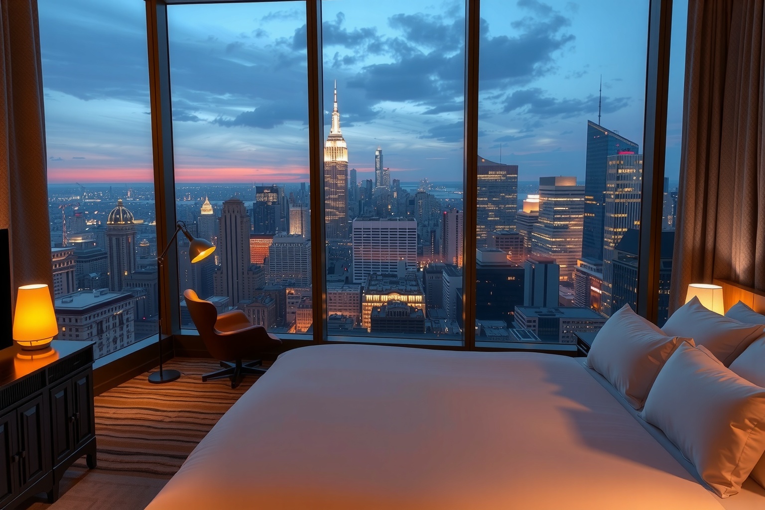 A sophisticated hotel room with floor-to-ceiling windows overlooking a glitterin