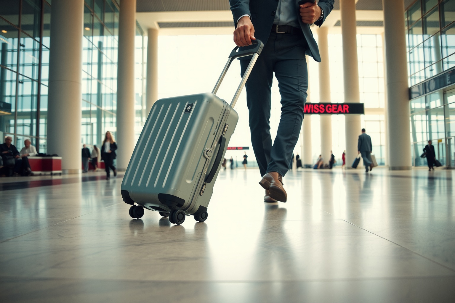 SwissGear suitcase being wheeled through busy airport terminal by business trave