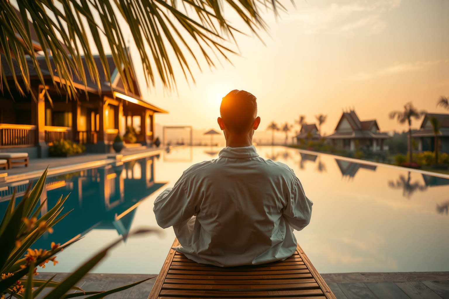 A serene spa setting with a traveler in a white robe sitting poolside at a luxur
