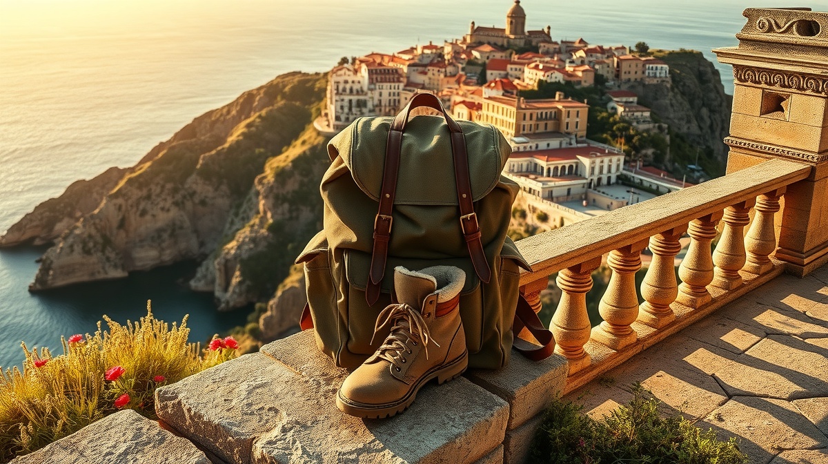 Solo female traveler standing on a scenic overlook in Portugal, backpack on, loo
