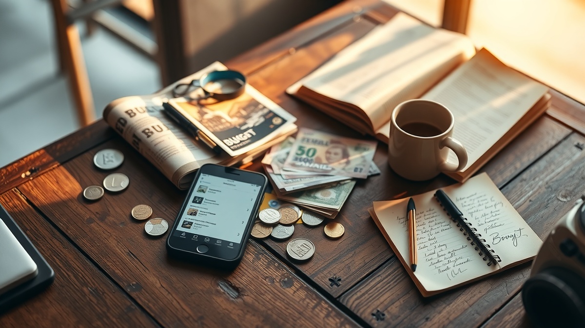 Budget traveler using smartphone apps to compare accommodation prices, sitting i