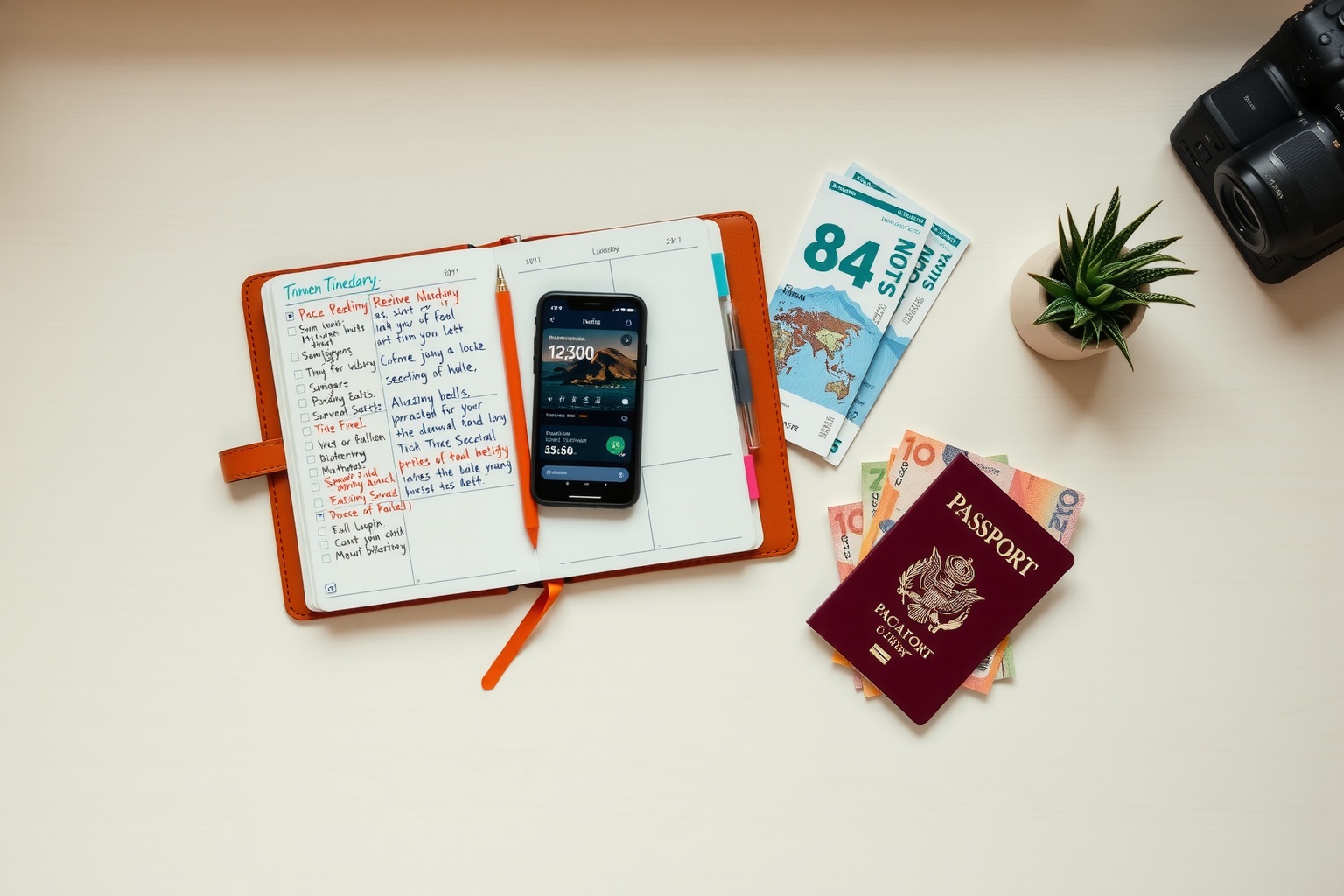A well-organized desk workspace viewed from above, featuring an open planner wit