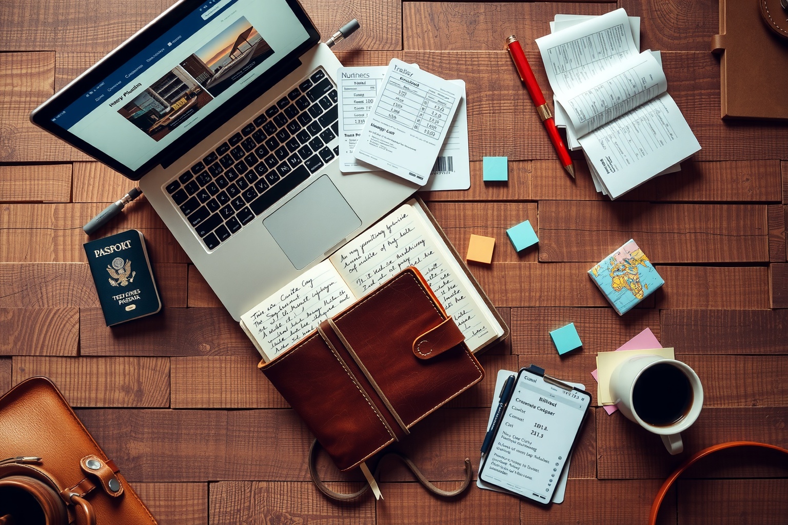 An overhead flat lay arrangement on a rustic wooden surface featuring travel pla