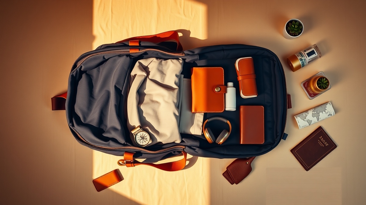 Minimalist packing setup with an organized backpack, essential travel items laid